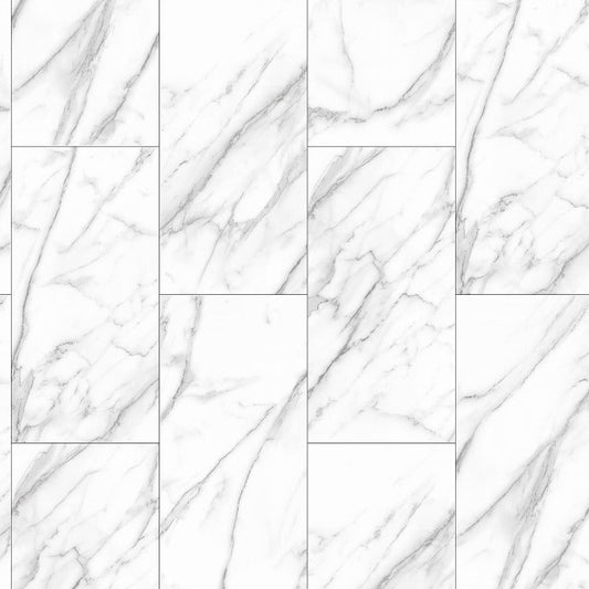 White marble-look rectangular wall or floor tiles arranged in a staggered brick pattern, with soft gray veining and a small product label at the bottom left reading JAZZ WHITE.