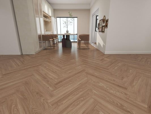 Wooden floor with a herringbone pattern in a room with furniture and decor.