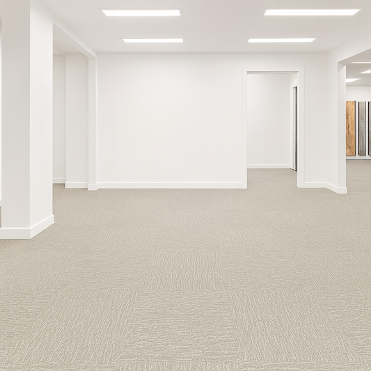 Empty office space with light gray LVT Carpet like flooring and white walls.