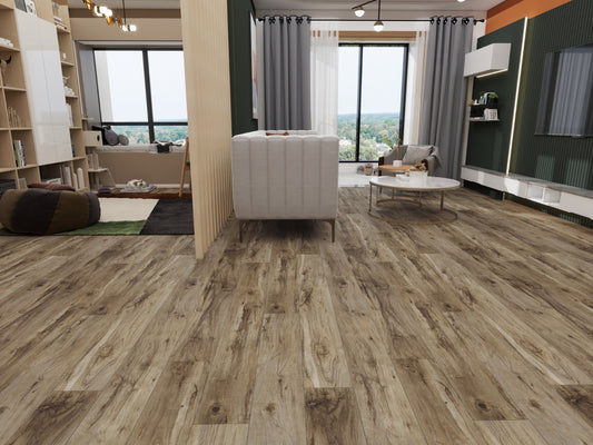 Wood-look laminate or vinyl plank flooring installed in a modern living room setting, featuring a light brown and beige grain pattern.