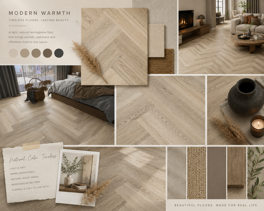 herringbone glue down lvt moodboard, warmth for under floor heating