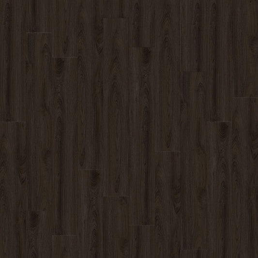 Dark brown wood grain flooring sample with plank pattern and a white specification bar at the bottom containing Chinese text.