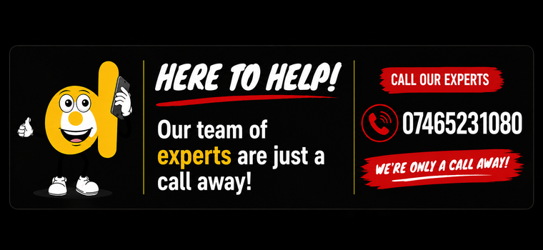 Promotional banner with a cartoon character and contact information for experts on a black background