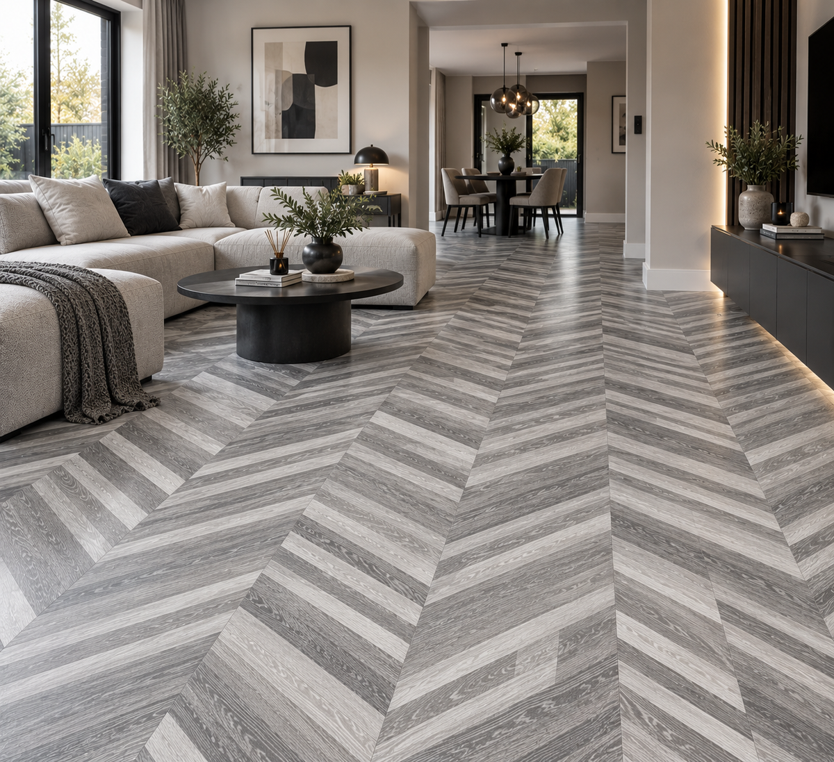 Gray and white wood-look flooring installed in a modern living room with a sectional sofa, round coffee table, and open dining area in the background.