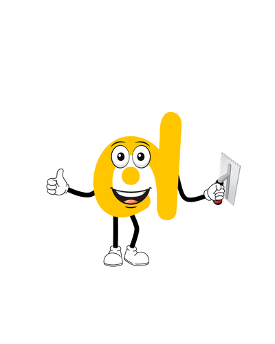 Cartoon character with a yellow '0' holding a whiteboard on a white background