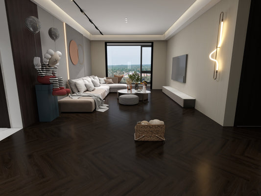 Modern living room with dark wooden floor and large window