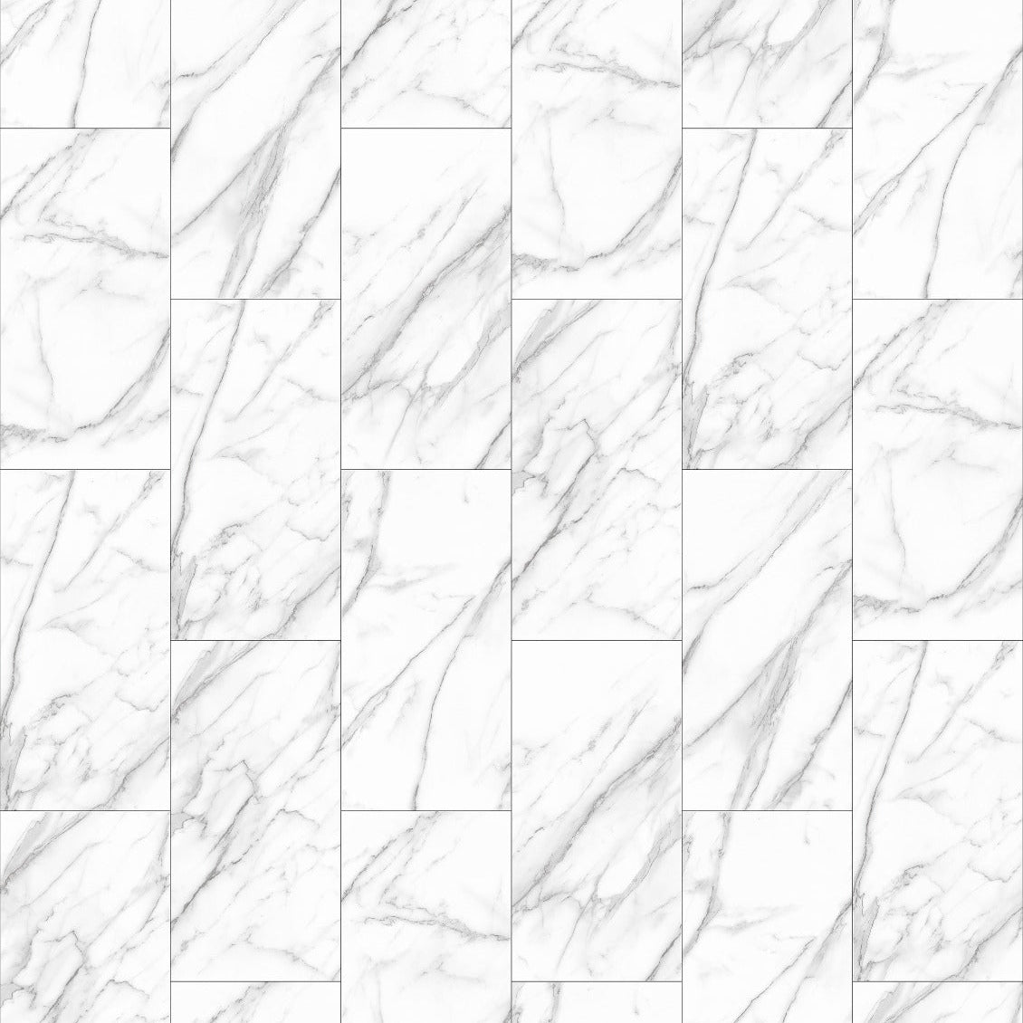 White marble-look rectangular wall or floor tiles arranged in a staggered brick pattern, with soft gray veining and a small product label at the bottom left reading JAZZ WHITE.
