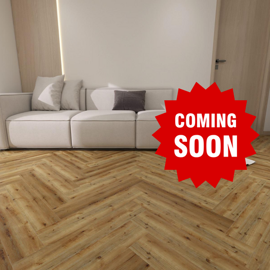 Living room with a 'Coming Soon' sign on a wooden floor