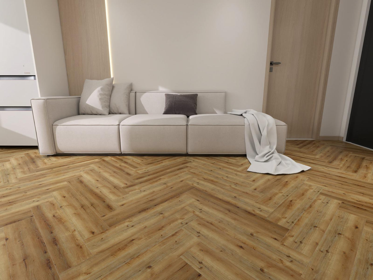Glue down herringbone LVT flooring in light oak finish, shown in a modern living room with Honeywood Classic luxury vinyl tiles
