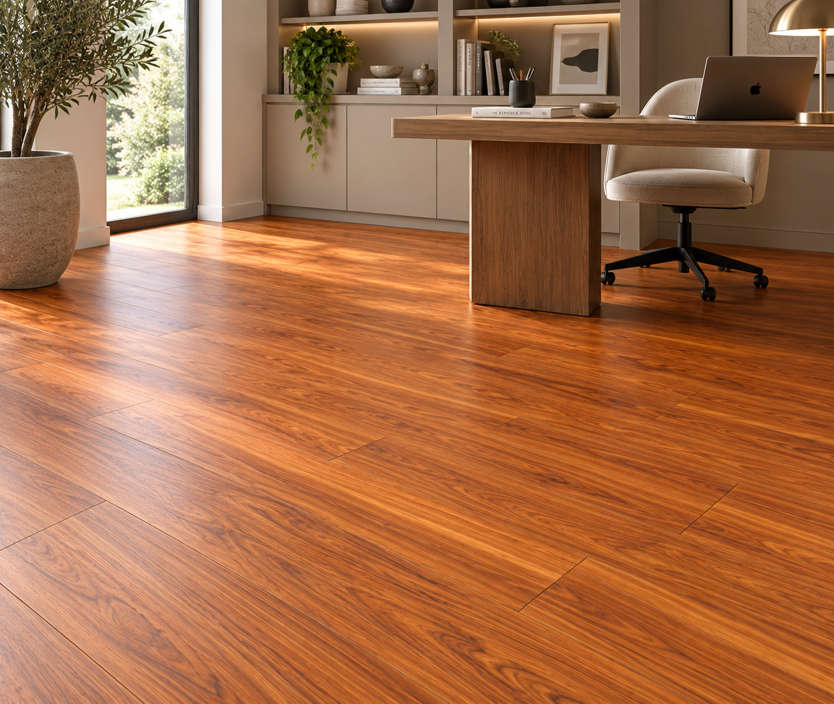 Warm medium-brown wood-look flooring planks installed in a modern home office with a wooden desk, white office chair, shelving, and large window.