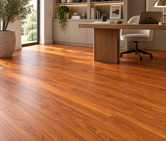 Warm medium-brown wood-look flooring planks installed in a modern home office with a wooden desk, white office chair, shelving, and large window.