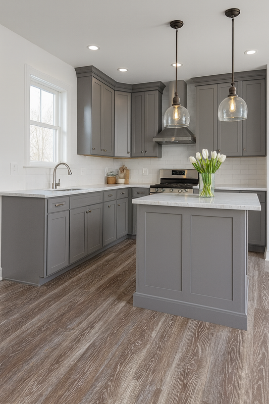 Modern kitchen with gray cabinets, white countertops, and wooden effect lvt flooring.