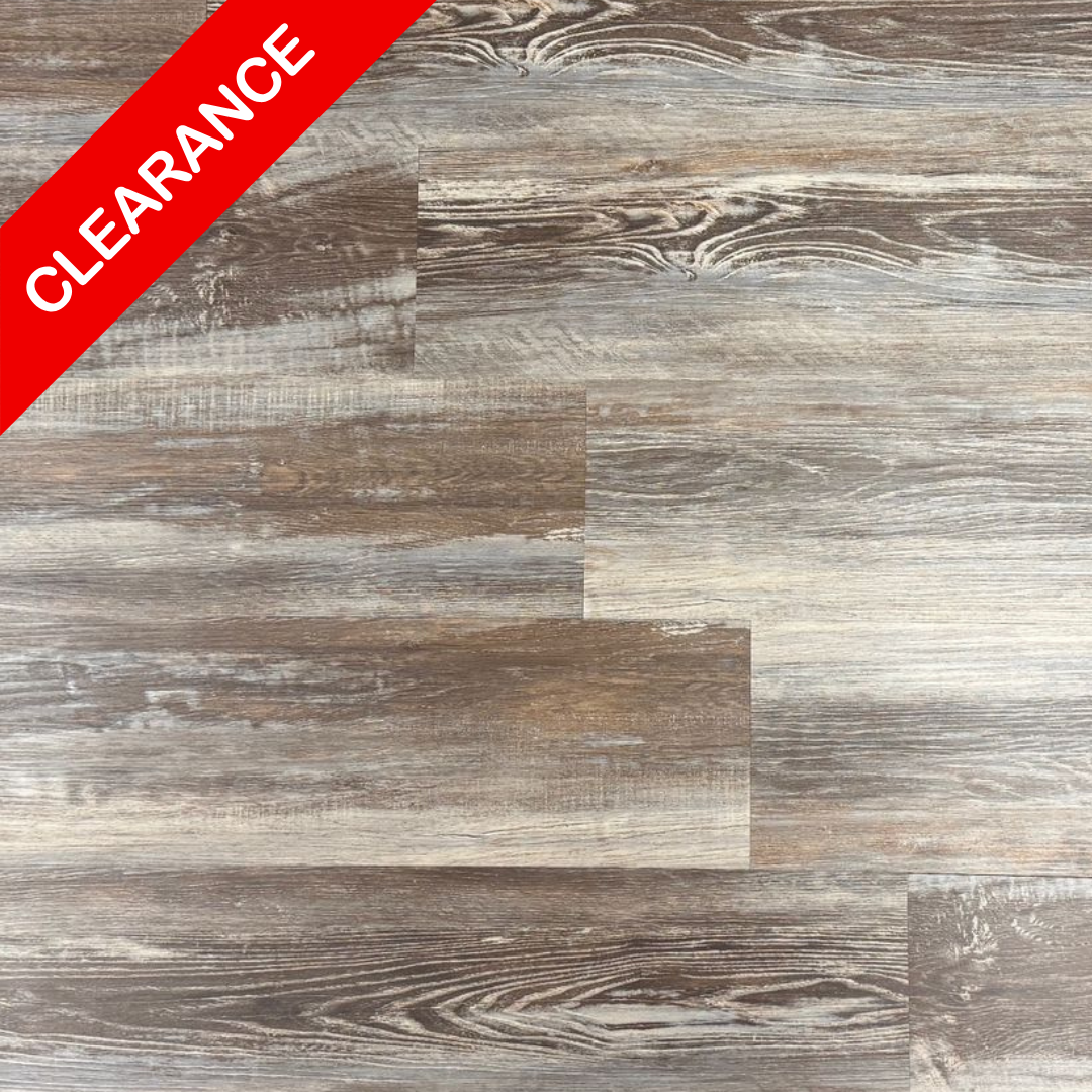 Wooden effect lvt floor tiles with a 'Clearance' label on a red background