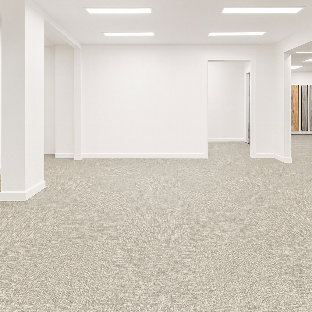 Empty office space with light gray LVT Carpet like flooring and white walls. 