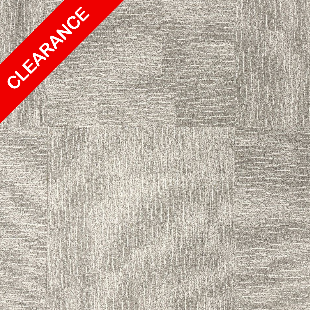 Textured gray pattern - carpet like effect LVT Glue down - with a red clearance label on the top left corner