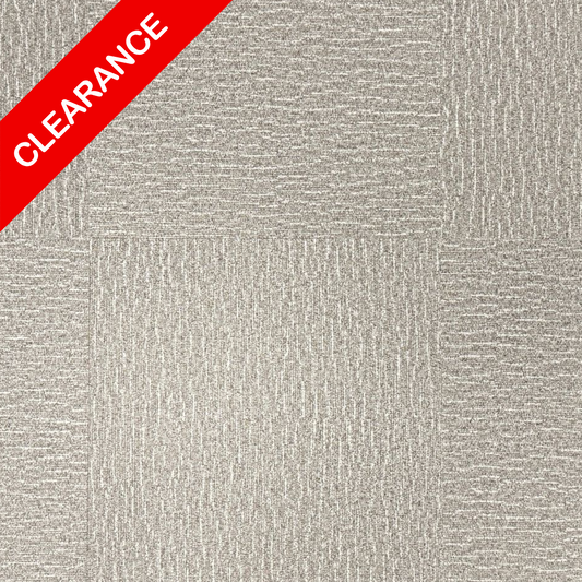 Textured gray pattern - carpet like effect LVT Glue down - with a red clearance label on the top left corner