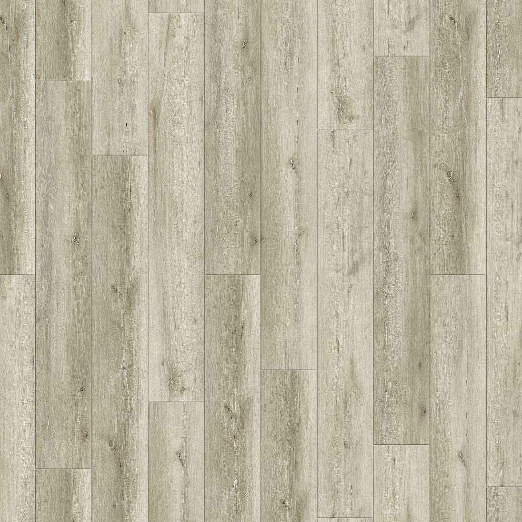 Light beige wood-look flooring planks with a natural grain pattern, shown as a flat lay texture sample with Chinese specification text at the bottom.