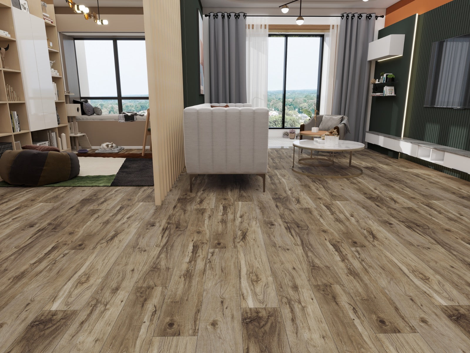 Wood-look laminate or vinyl plank flooring installed in a modern living room setting, featuring a light brown and beige grain pattern.