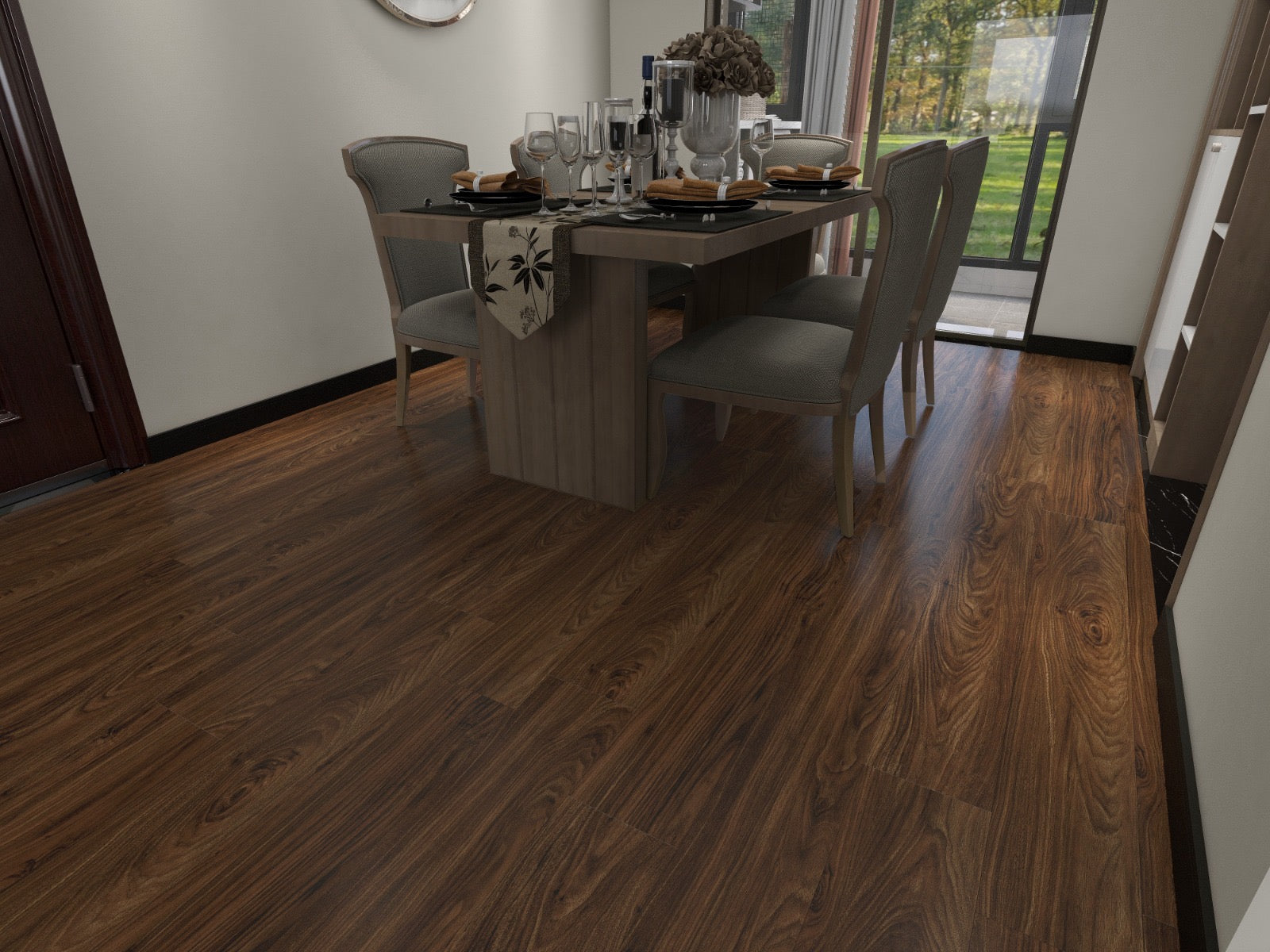 Dark brown wood-look laminate or vinyl flooring shown installed in a modern dining room with a gray dining table and chairs.