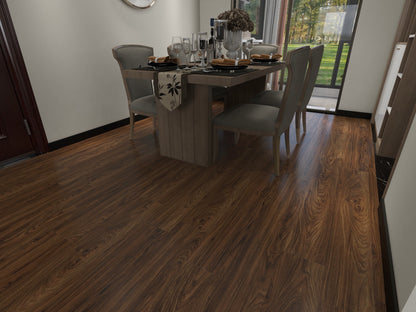 Dark brown wood-look laminate or vinyl flooring shown installed in a modern dining room with a gray dining table and chairs.
