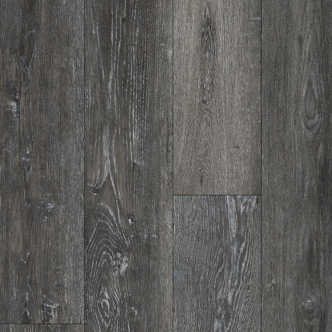 Charcoal Burning White Oak laminate flooring planks with a realistic wood grain texture in dark gray and brown tones, featuring a product label at the bottom.