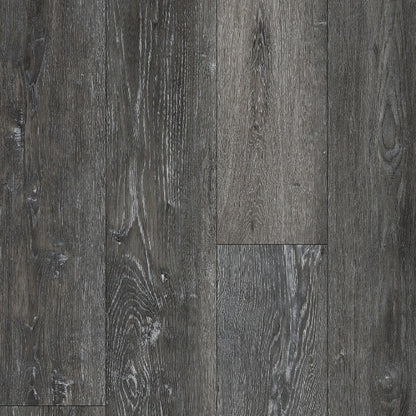 Charcoal Burning White Oak laminate flooring planks with a realistic wood grain texture in dark gray and brown tones, featuring a product label at the bottom.