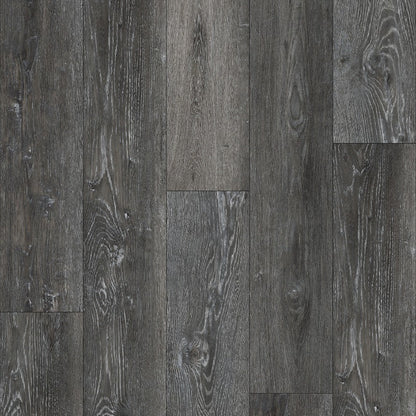 Charcoal Burning White Oak laminate flooring planks with a realistic wood grain texture in dark gray and brown tones, featuring a product label at the bottom.